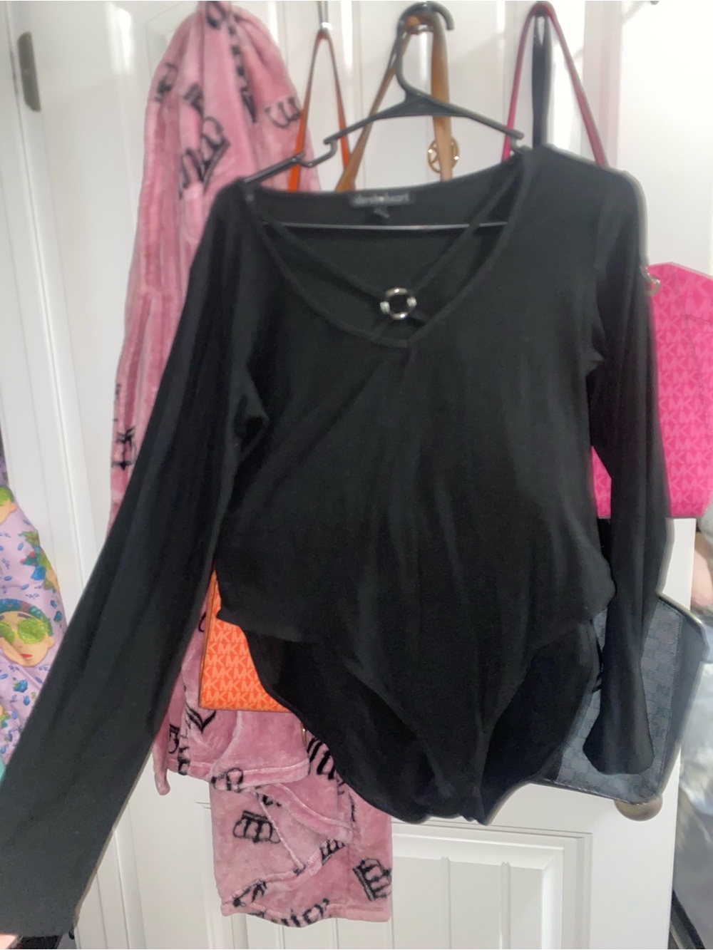 Black Long-Sleeve Bodysuit with Front Ring Detail
